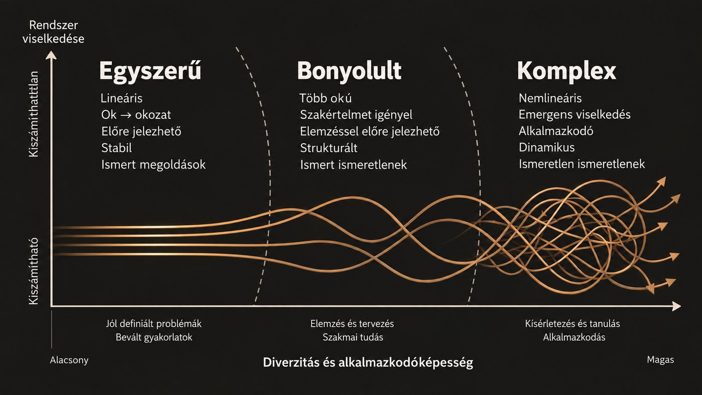 Három sáv a rendszerek viselkedéséről: Egyszerű, lineáris, ok-okozati, előre jelezhető; Bonyolult, több okú, szakértelmet igényel, elemzéssel előre jelezhető; Komplex, nemlineáris, emergens viselkedés, alkalmazkodó, ismeretlen ismeretlenek. A vízszintes tengely a diverzitás és alkalmazkodóképesség, a függőleges a kiszámíthatóság.